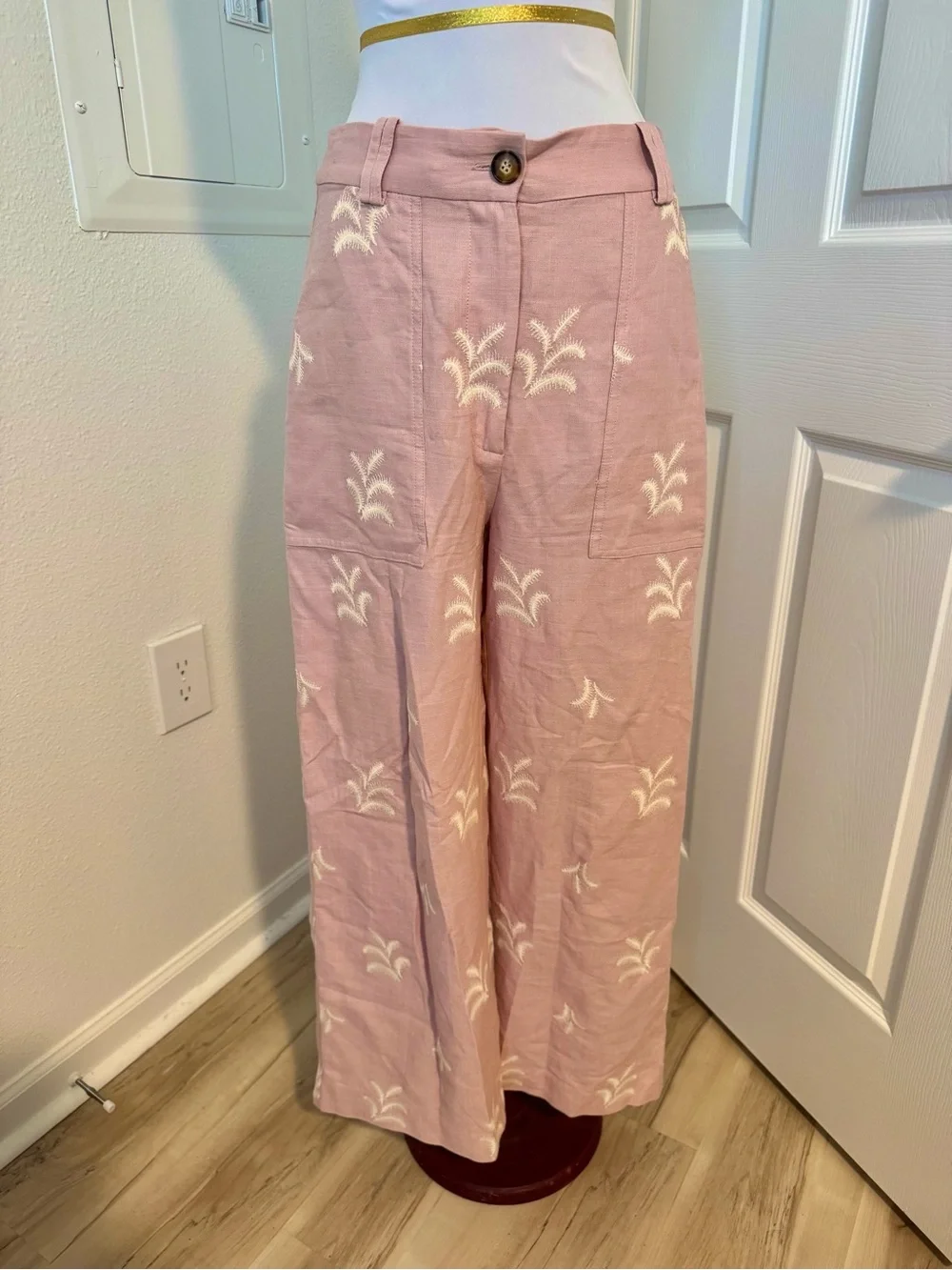 Zara Pink Embroidered Linen Blend Wide Leg Pants – Size M
